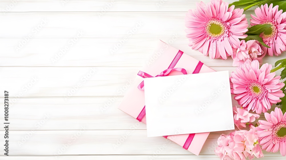 A lovely arrangement of pink flowers, gift boxes, and a blank card on a wooden surface, perfect for gifts or special occasions. A lovely arrangement of pink flowers, gift boxes, and a blank card on a wooden surface, perfect for gifts or special occasions.