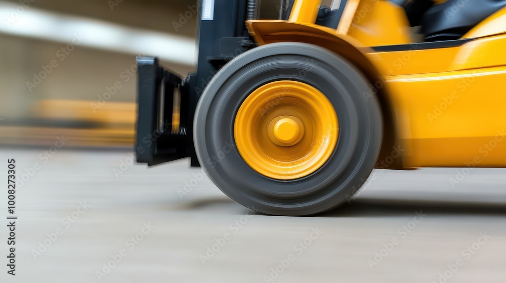 Yellow forklift wheel in fast motion Yellow forklift wheel in fast motion
