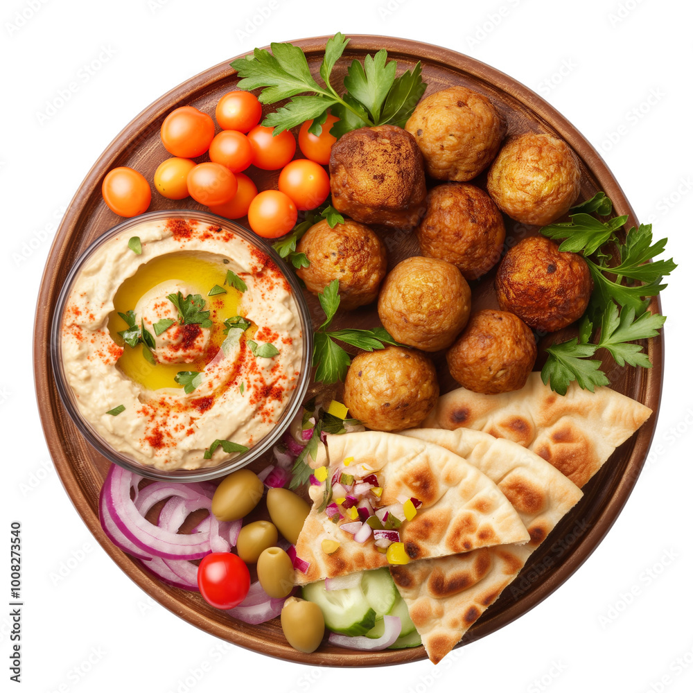 Plate of mezze with hummus falafels and pita bead top view isolated on transparent white background, clipping path Plate of mezze with hummus falafels and pita bead top view isolated on transparent white background, clipping path