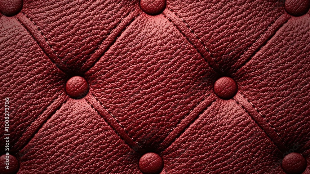 Detailed close-up of rich burgundy leather upholstery, featuring diamond tufting and textured surface, ideal for design and decor projects. Detailed close-up of rich burgundy leather upholstery, featuring diamond tufting and textured surface, ideal for design and decor projects.