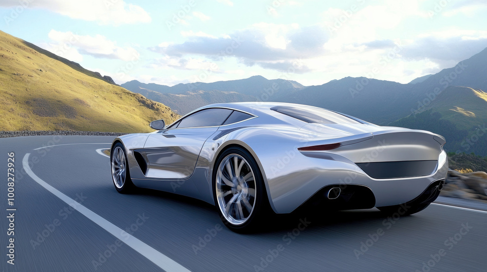 Fototapeta premium Sleek Silver Sports Car on Scenic Mountain Road