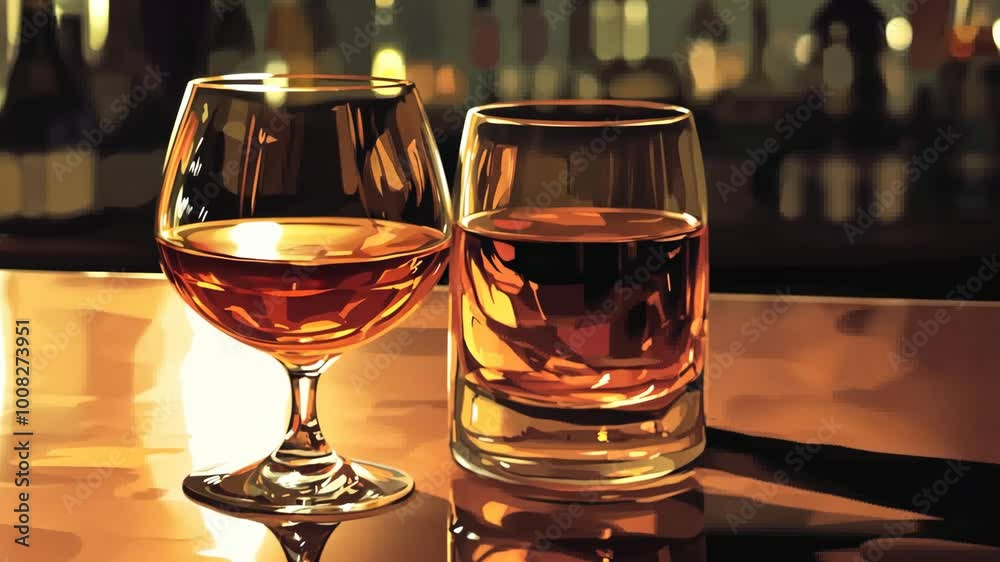 Two glasses of amber liquid sit on a bar counter in the evening Two glasses of amber liquid sit on a bar counter in the evening