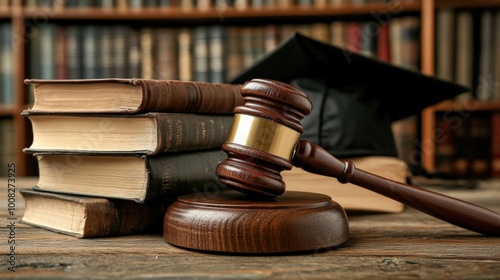 Gavel and Law Books with Graduation Cap in Library Setting