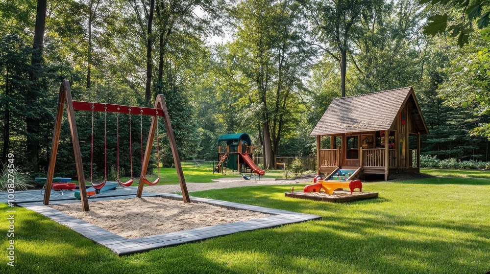 Wooden playhouse, swing set, sandbox, and slide in a backyard with green grass and trees. Wooden playhouse, swing set, sandbox, and slide in a backyard with green grass and trees.