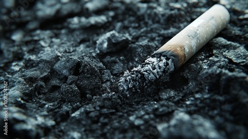 A detailed close-up shot of a smoldering cigarette butt lying in a bed of dark ashes, evoking themes of pollution, smoking, and environmental damage. The textures and tones emphasize the stark photo