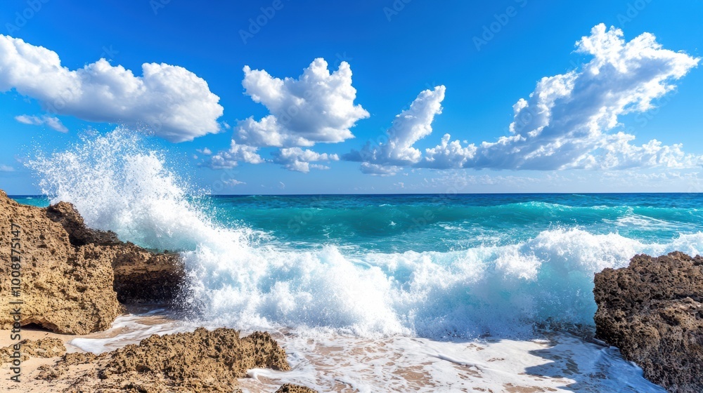 Fototapeta premium Dramatic Waves Crash on Serene Beach Under Blue Sky