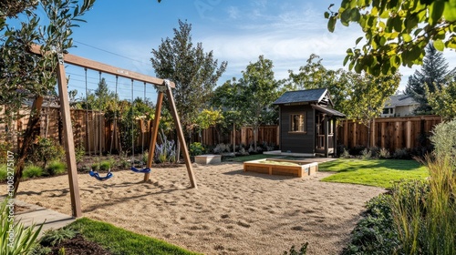 Wallpaper Mural A wooden swing set and playhouse in a backyard with a gravel ground. Torontodigital.ca