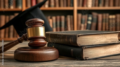 Gavel and Law Books with Graduation Cap in Library Setting