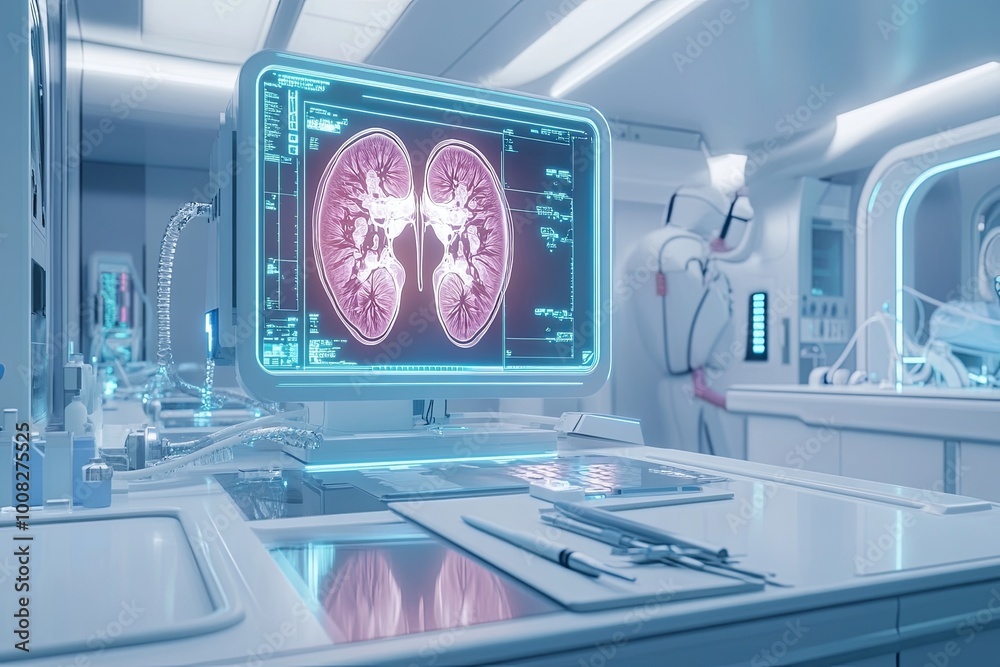 A high-tech kidney diagnostics machine with a holographic display A high-tech kidney diagnostics machine with a holographic display