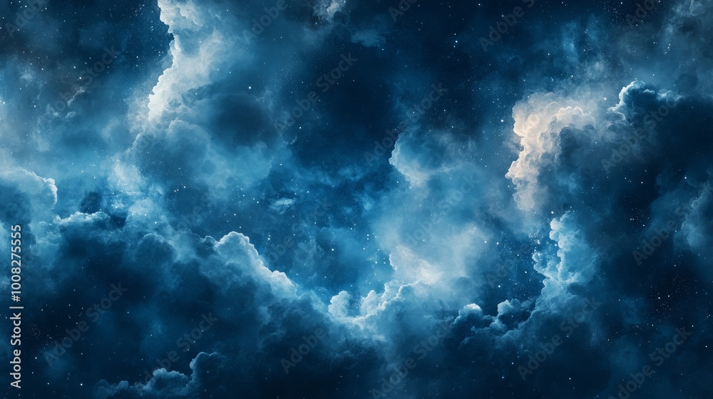 A dark blue sky filled with white and grey clouds, dotted with stars. A dark blue sky filled with white and grey clouds, dotted with stars.