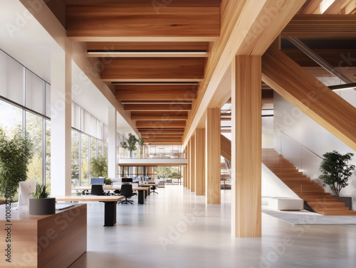 An interior view of a mass timber office building, featuring exposed wooden beams and a bright, open workspace.