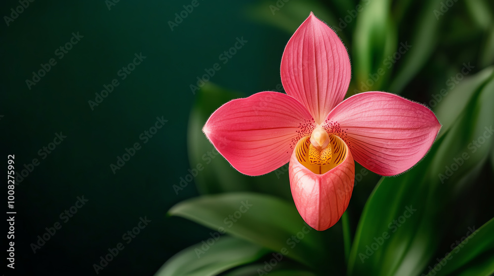 Stunning Paphiopedilum orchid with vibrant pink petals and unique shape, surrounded by lush green leaves, creating serene and elegant atmosphere Stunning Paphiopedilum orchid with vibrant pink petals and unique shape, surrounded by lush green leaves, creating serene and elegant atmosphere