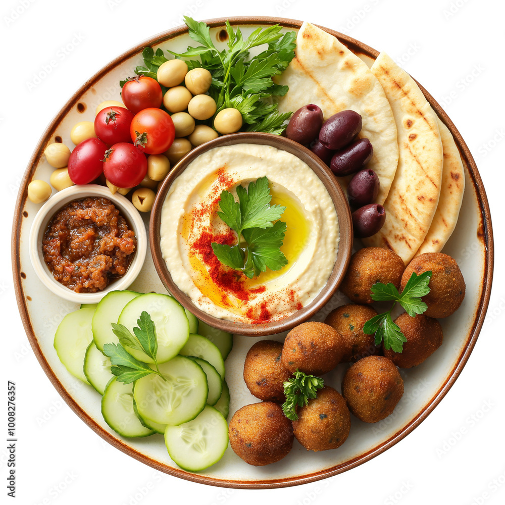 Plate of mezze with hummus falafels and pita bead top view isolated on transparent white background, clipping path Plate of mezze with hummus falafels and pita bead top view isolated on transparent white background, clipping path