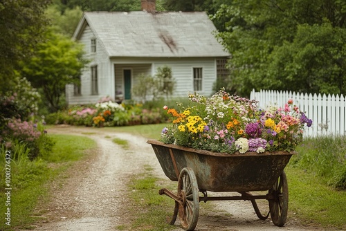 A rusty old wheelbarrow filled with potted plants and colorful flowers