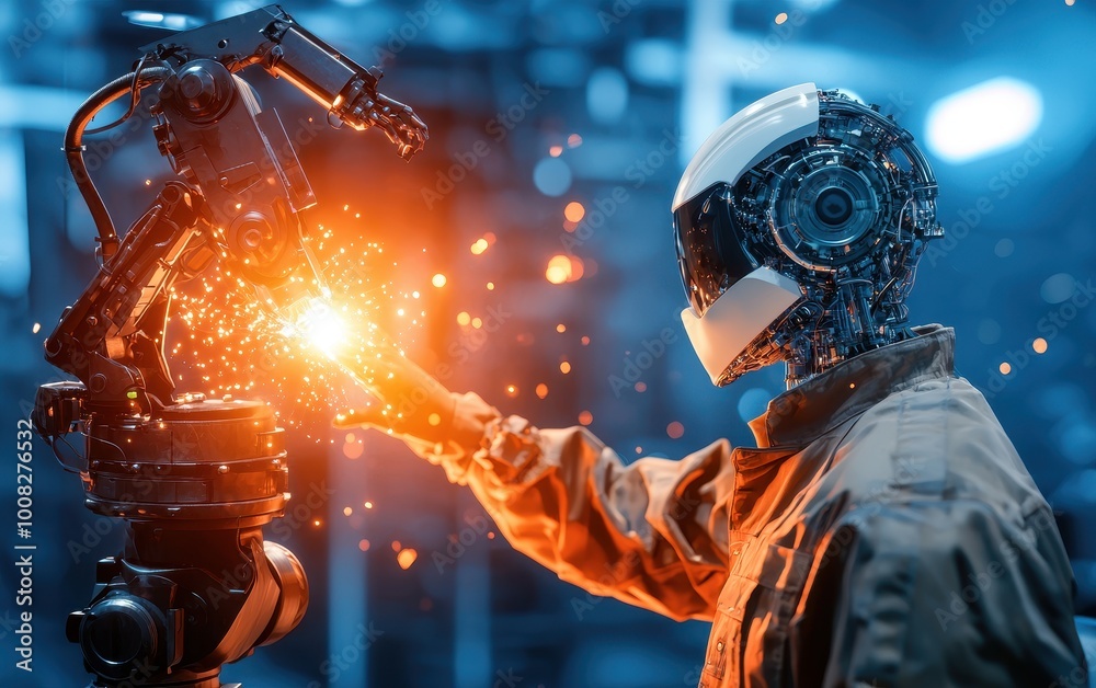 Robot arm sparks in a futuristic industrial setting, showcasing advanced technology. Robot arm sparks in a futuristic industrial setting, showcasing advanced technology.