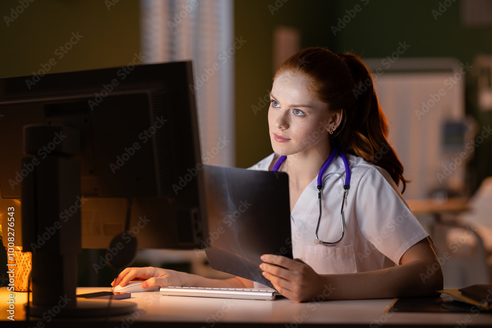 Hospital professional with X-ray, typing on computer for patient diagnosis. Hospital professional with X-ray, typing on computer for patient diagnosis.