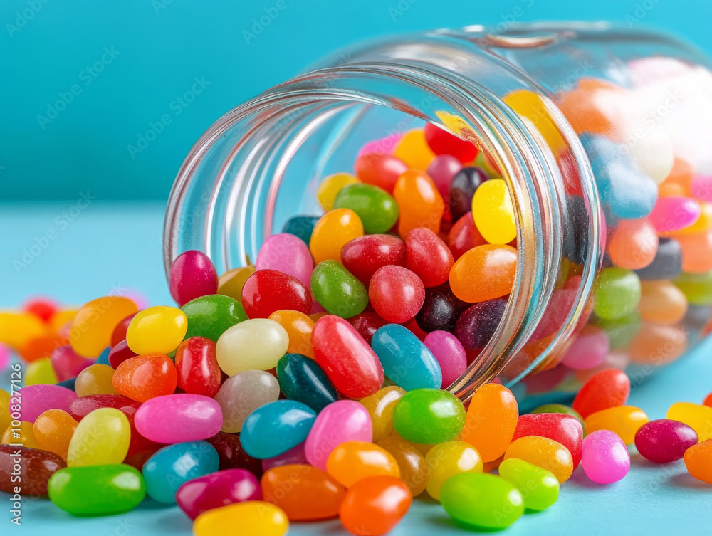 A mountain of colorful jelly beans spilling out of a jar, ready to be eaten. A mountain of colorful jelly beans spilling out of a jar, ready to be eaten.