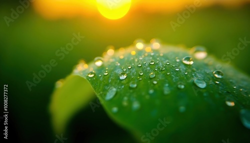 A close-up of fresh dew droplets resting on vibrant green leaves, showcasing the delicate, glistening beads of water. The natural light highlights the intricate details of the leaves and the refreshin photo