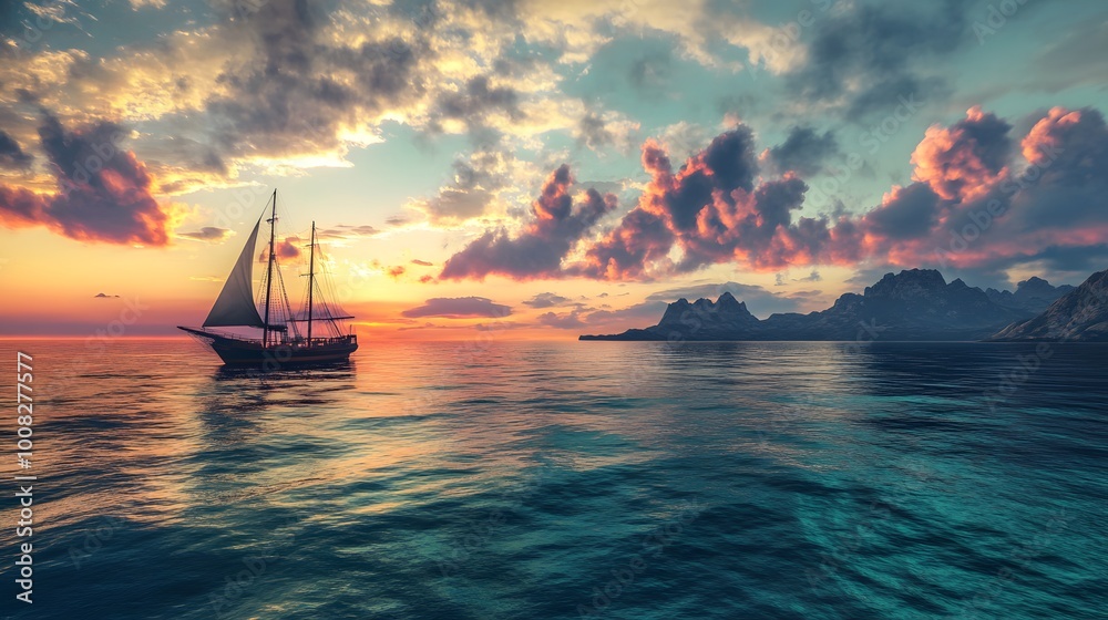Fototapeta premium A serene sunset view with a sailing ship on calm waters.