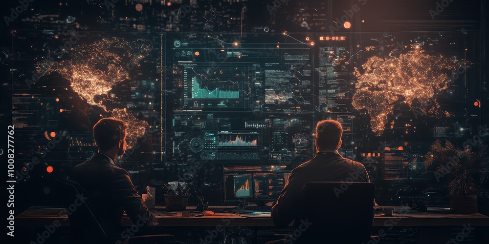 Two individuals analyzing global data on large screens in a dark room, focusing on technology, data analytics, and digital mapping trends. Two individuals analyzing global data on large screens in a dark room, focusing on technology, data analytics, and digital mapping trends.