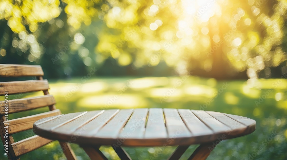 Sunlit wooden table in a serene outdoor setting surrounded by green nature.