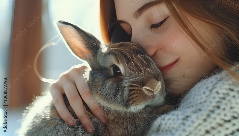 Young woman with adorable rabbit indoors, closeup. Lovely pet Young woman with adorable rabbit indoors, closeup. Lovely pet