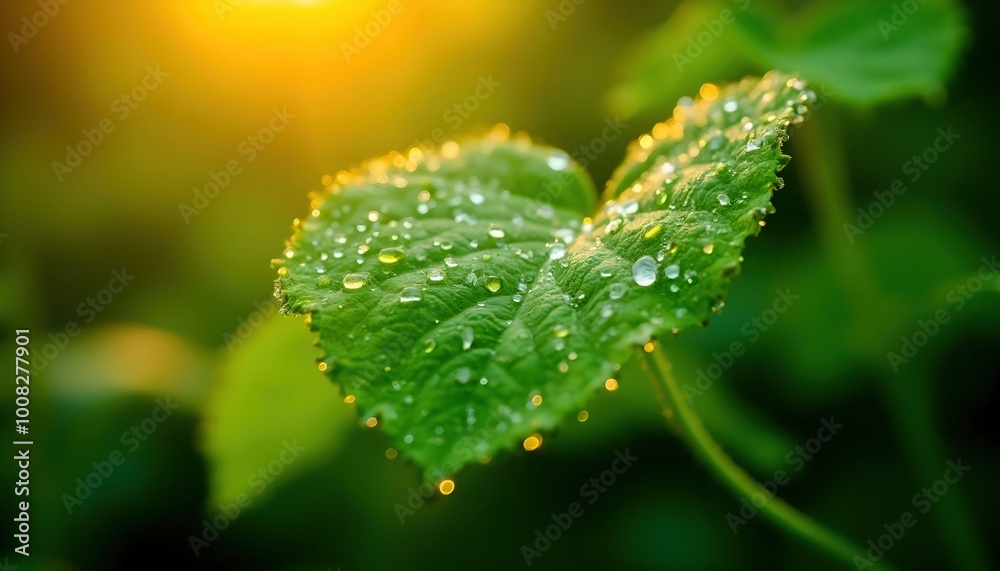 A close-up of fresh dew droplets resting on vibrant green leaves, showcasing the delicate, glistening beads of water. The natural light highlights the intricate details of the leaves and the refreshin A close-up of fresh dew droplets resting on vibrant green leaves, showcasing the delicate, glistening beads of water. The natural light highlights the intricate details of the leaves and the refreshin