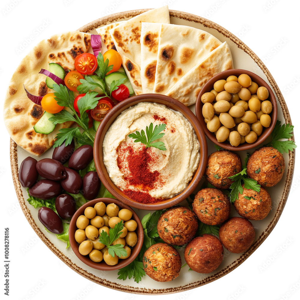 Plate of mezze with hummus falafels and pita bead top view isolated on transparent white background, clipping path Plate of mezze with hummus falafels and pita bead top view isolated on transparent white background, clipping path