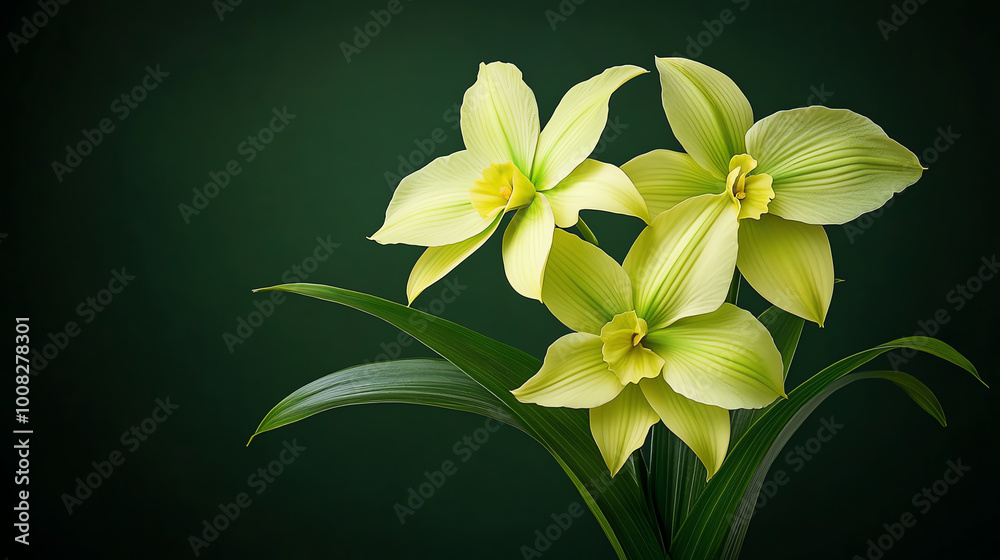 Fototapeta premium Beautiful arrangement of yellow orchids with green leaves, showcasing their delicate petals and vibrant colors against dark green background