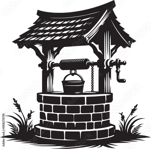Village Water Well silhouette vector illustration isolated on a white background