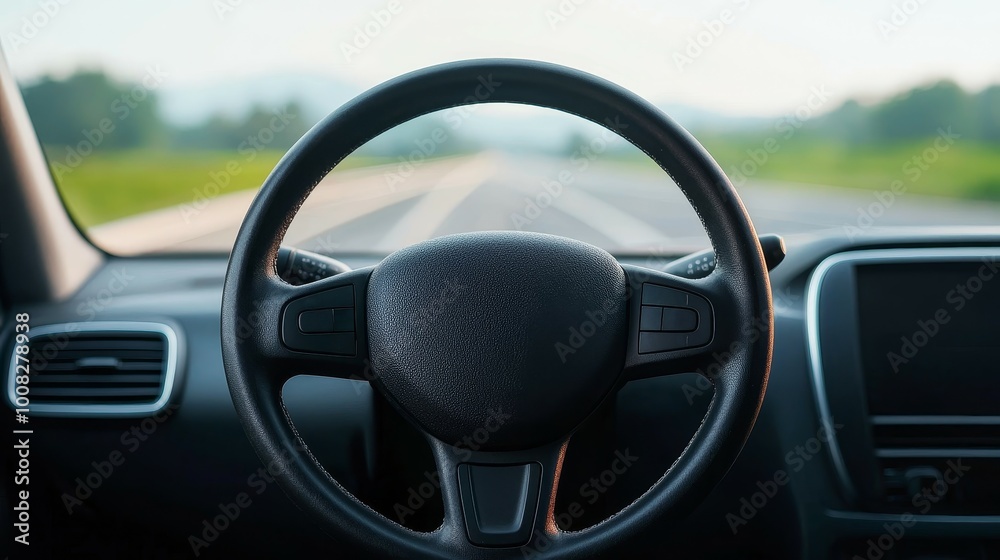 Car steering wheel with a blurred road background, focus on driving experience. Car steering wheel with a blurred road background, focus on driving experience.