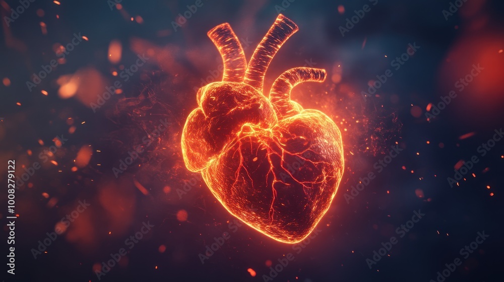 A glowing, fiery heart with embers floating in the dark background. A glowing, fiery heart with embers floating in the dark background.
