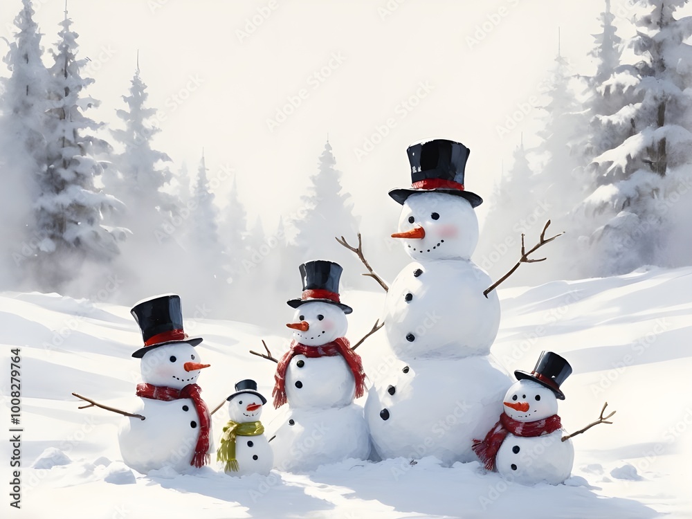 abstract impressionist style delightful snowman family sitting in soft, cotton snow background