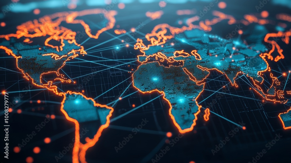 Digital world map with glowing connections in blue and orange tones. Digital world map with glowing connections in blue and orange tones.