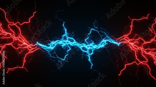 Dynamic red and blue lightning bolts on a black background.