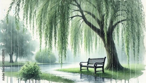 Watercolor illustration of a bench sitting under a weeping willow tree