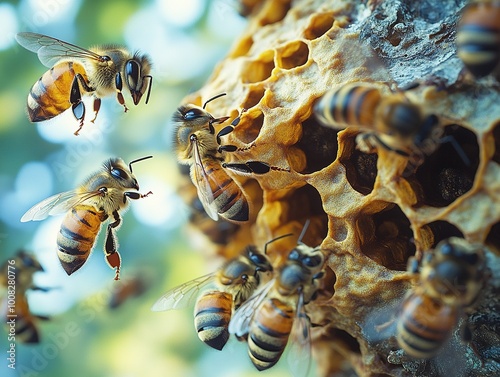 Close-Up of Kelulut Bees Buzzing Around Their Natural Habitat in a Tropical Environment photo