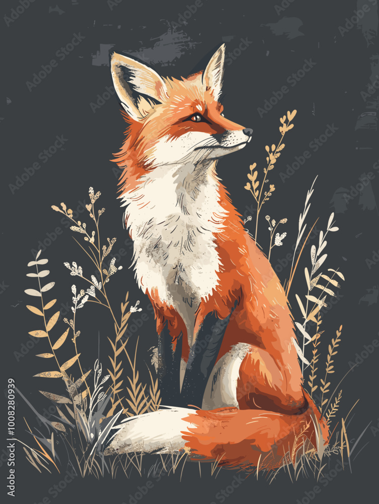 Obraz premium A fox is sitting in a field of grass. The fox is orange and has a curious expression on its face. The painting is of a fox in a natural setting, and it conveys a sense of calm and peacefulness