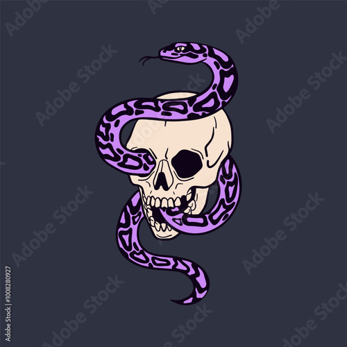 Skull with coiled snake, death and danger symbol. Creepy spooky retro tattoo ...