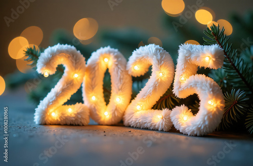 Glowing numbers made of fur with illumination 2025 on a blurred background with bokeh lights with branches of pine needles. Happy New Year. Holiday banner, card.