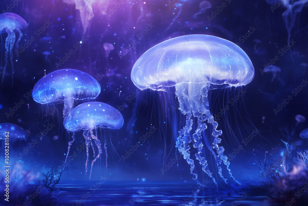 group of jellyfish are floating in the water. The jellyfish are in various sizes and are spread out in the water. The scene is calm and peaceful, with the jellyfish floating gracefully in the water group of jellyfish are floating in the water. The jellyfish are in various sizes and are spread out in the water. The scene is calm and peaceful, with the jellyfish floating gracefully in the water