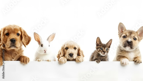 Collage with different animals, hamster, rabbit, cat, and dog on white background. Concept of animal, pet care, veterinary