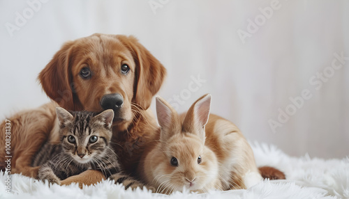 Wallpaper Mural Collage with different animals, hamster, rabbit, cat, and dog on white background. Concept of animal, pet care, veterinary Torontodigital.ca