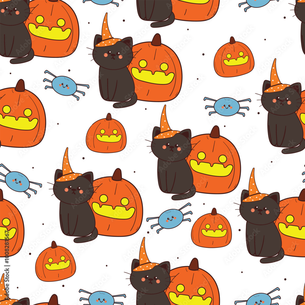 seamless pattern cartoon cat with halloween vibes. cute halloween wallpaper for fabric print, gift wrap paper seamless pattern cartoon cat with halloween vibes. cute halloween wallpaper for fabric print, gift wrap paper