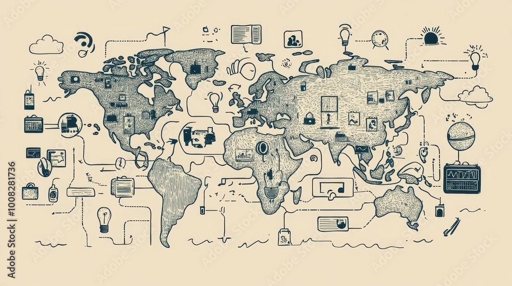 Obraz premium World map with hand-drawn business icons connected by lines representing global business, communication, and technology.