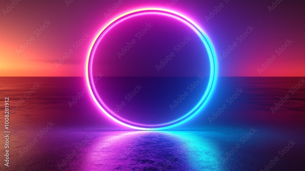 A glowing neon circle in the shape of a portal, on the beach at sunset, with pink and blue hues reflecting on the water. A glowing neon circle in the shape of a portal, on the beach at sunset, with pink and blue hues reflecting on the water.