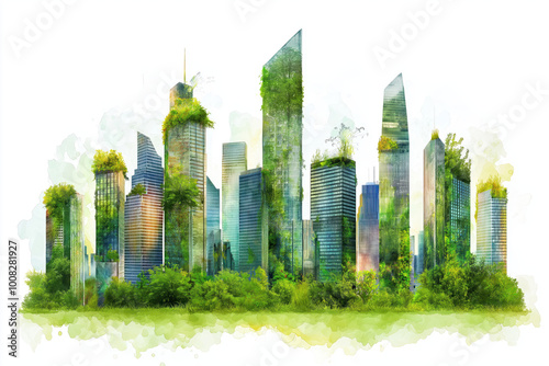 A vibrant cityscape featuring skyscrapers adorned with greenery, symbolizing eco-friendly architecture and urban sustainability. #1008281927