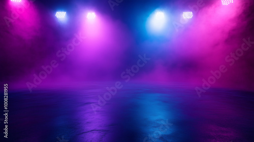 Wallpaper Mural The dark stage shows, empty dark blue, purple, pink background, neon light, spotlights, The asphalt floor and studio room with smoke float up the interior texture for display products
 Torontodigital.ca