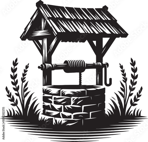 Village Water Well silhouette vector illustration isolated on a white background photo