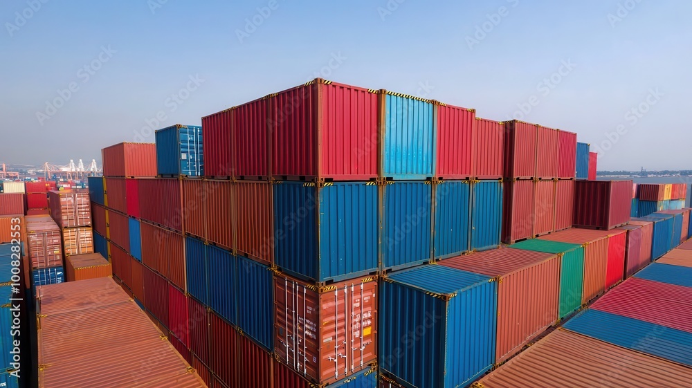 Fototapeta premium A vibrant stack of shipping containers in red and blue against a clear sky, showcasing the logistics and trade industry.